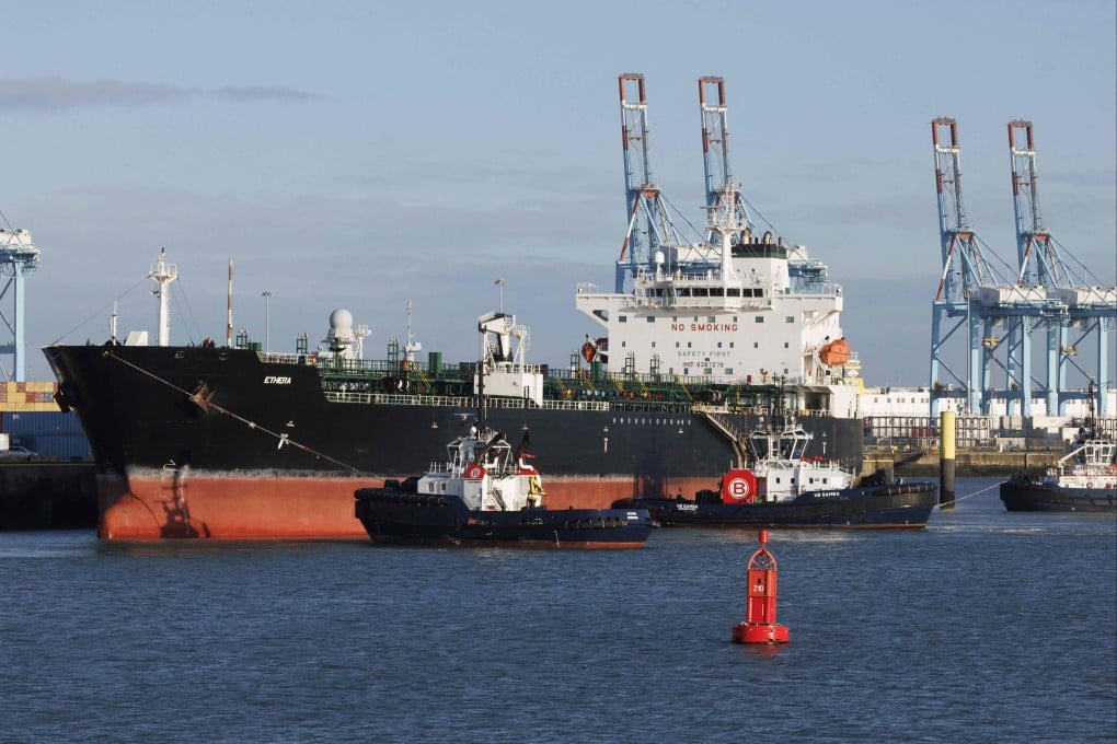 The tanker ‘Ethera’ docked at the naval base in Zeebrugge, Belgium, on Sunday. Photo: AFP