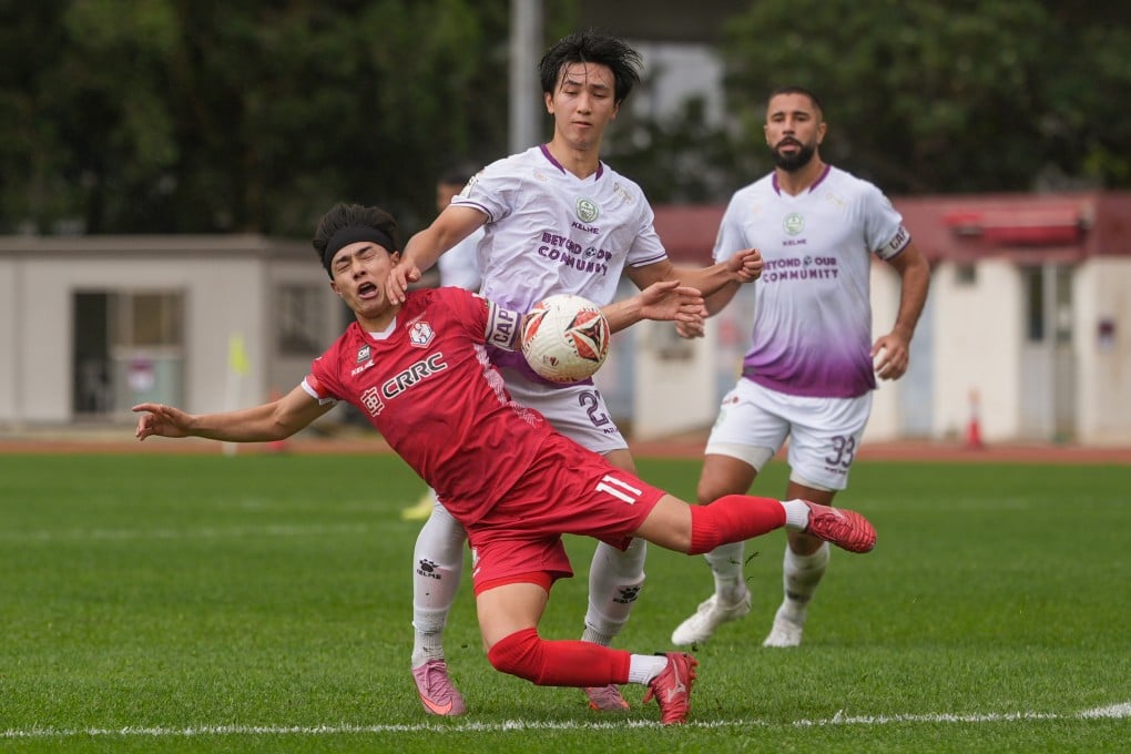 Lee Lok-him tussles with Shu Sasaki during Tai Po’s defeat by Southern on Saturday. Photo: Eugene Lee
