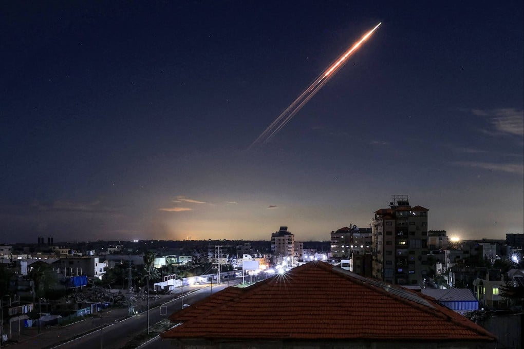 A missile launched from Iran is pictured in the sky from the Bureij camp for Palestinian refugees in the central Gaza Strip on March 1. Photo: AFP