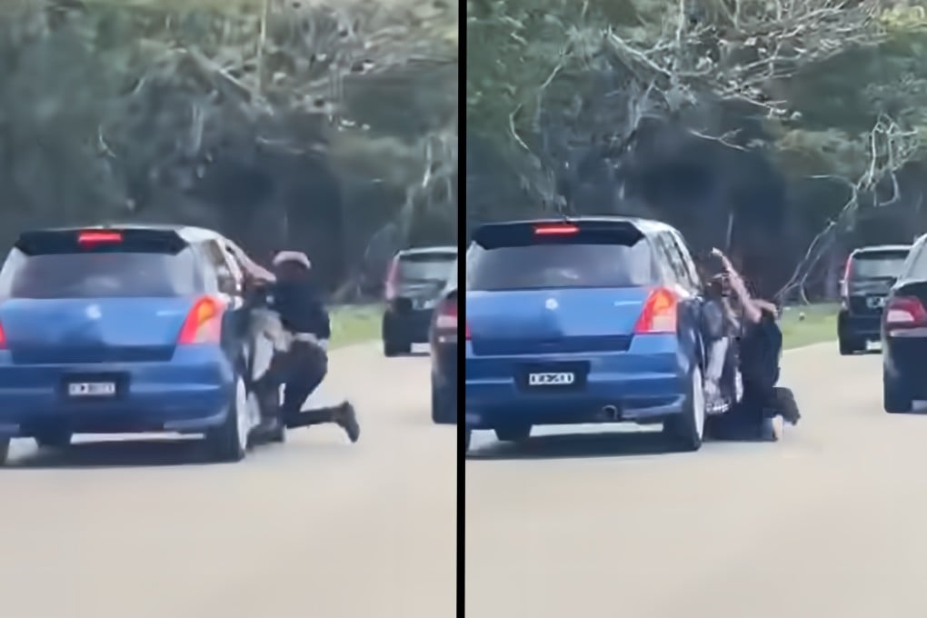 Screenshots from a viral video show a man clinging to a moving car before falling onto the road. Photo: Facebook