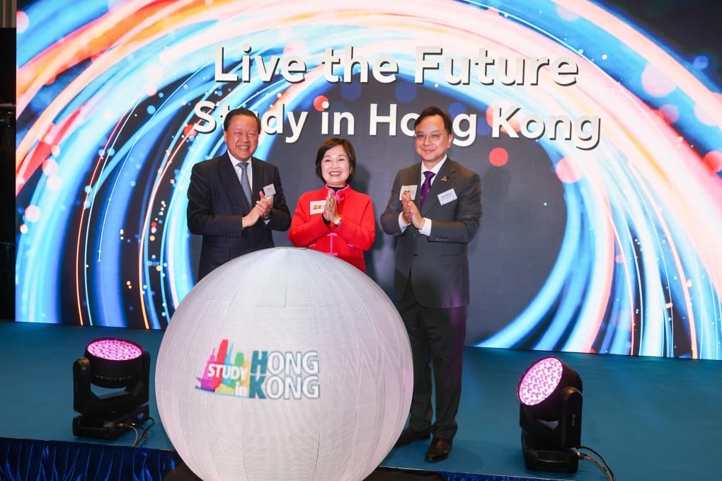 (From left) University Grants Committee chairman Tim Lui, Secretary for Education Christine Choi Yuk-lin and Professor Dennis Lo Yuk-ming of the Chinese University of Hong Kong attend a reception for “Study in Hong Kong Week” at the Hong Kong Palace Museum on February 23. Photo: Edmond So