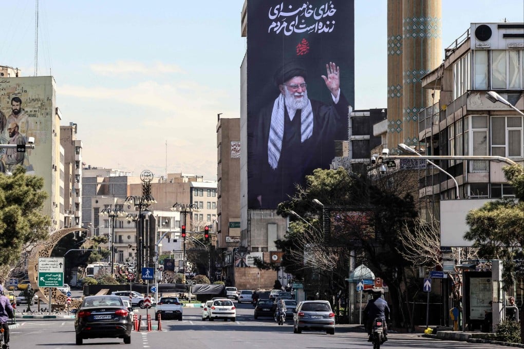 A display featuring Iran’s slain supreme leader Ayatollah Ali Khamenei in Tehran on Tuesday. Photo: AFP