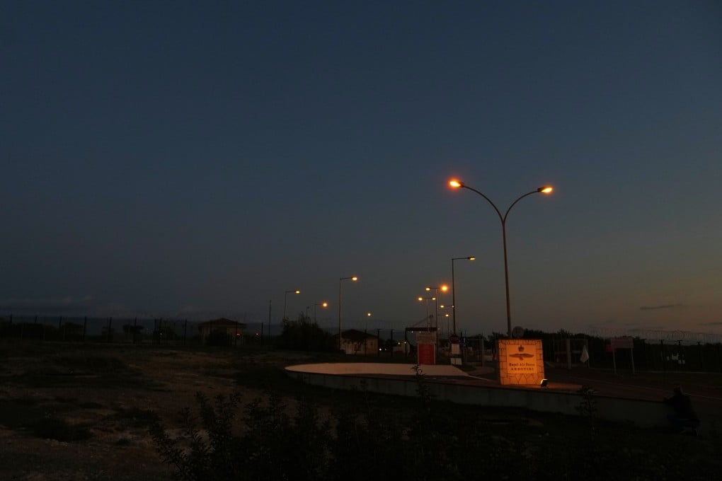 The gate of the British Royal Air Force air base after it was struck by a drone earlier in the morning near Limassol, Cyprus, on Monday. Photo: AP