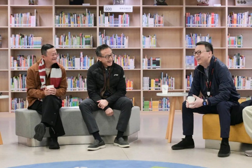 From left, Jack Ma, Joe Tsai and Eddie Wu discuss AI at a school in Hangzhou on Tuesday. Photo: qq.com