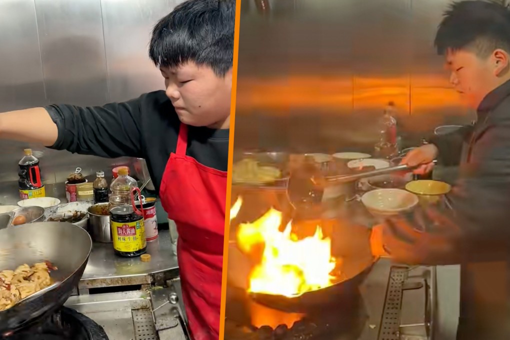 A 13-year-old Chinese boy has garnered online admiration for his cooking skills in his parents’ small noodle restaurant. Photo: SCMP composite/Douyin