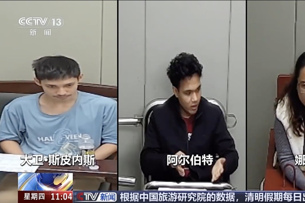 A screen grab from China’s CCTV news footage shows (from left) David Servañez, Albert Endencia and Nathalie Plizardo, the three Philippine nationals arrested on suspicion of spying in China. Photo: CCTV