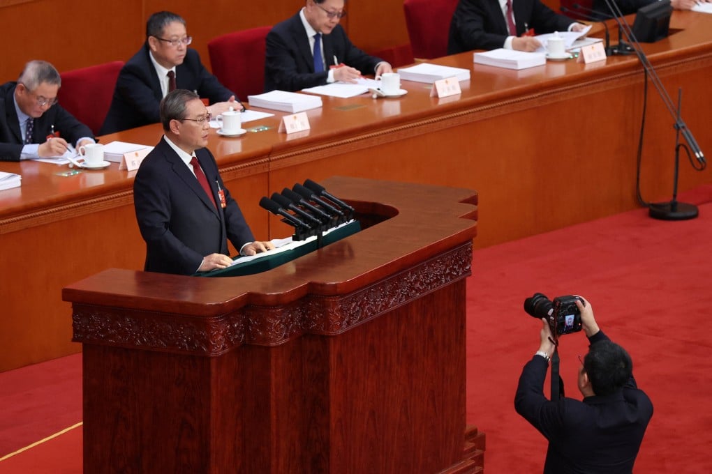 Premier Li Qiang delivering the government work report on Thursday, in the Great Hall of the People in Beijing. Photo: Reuters