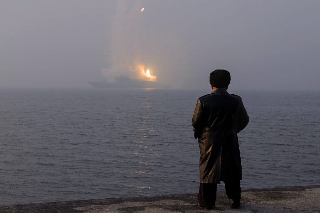 North Korean leader Kim Jong-un watches the test firing of a sea-to-surface strategic cruise missile on Wednesday. Photo: KCNA/AFP