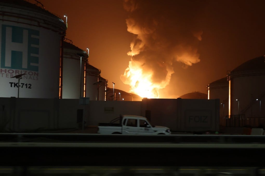 Fire and smoke rise from the Fujairah oil industry zone, caused by debris from an intercepted drone, according to the Fujairah media office, in Fujairah, United Arab Emirates, on March 4, as Iran launched retaliatory attacks across the region. Photo: EPA