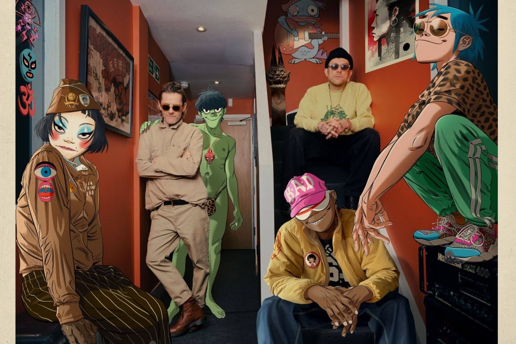 Jamie Hewlett (left) and Damon Albarn of Gorillaz with their fictional characters (from left) Noodle, Murdoc Niccals, Russel Hobbs, and 2D. The band’s ninth studio album, The Mountain, was heavily inspired by the pair’s travels in India. Photo: Reuben Bastienne-Lewis/Gorillaz/dpa