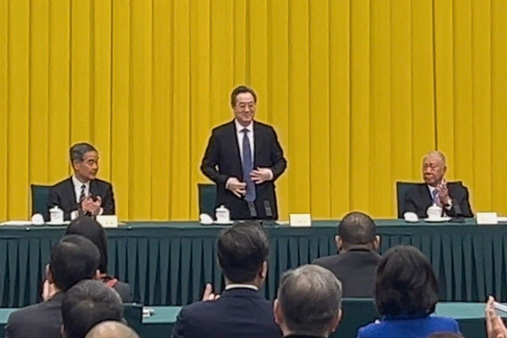 Chinese Vice-Premier Ding Xuexiang (centre) meets Hong Kong and Macau members of the Chinese People’s Political Consultative Conference on Friday. He is joined by CPPCC vice-chairmen and former chief executives Leung Chun-ying of Hong Kong (left) and Edmund Ho Hau-wah of Macau. Photo: Matthew Cheng