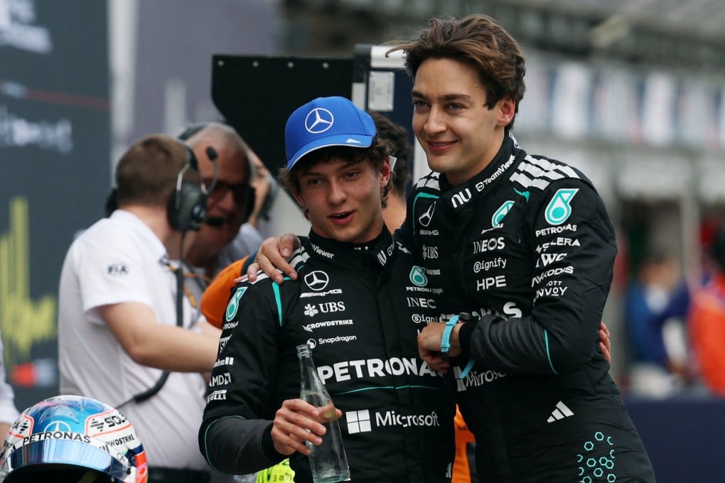 Mercedes’ George Russell (right) celebrates with second-placed team-mate Kimi Antonelli on Saturday after qualifying in pole position for Sunday’s Australian Grand Prix. Photo: Reuters