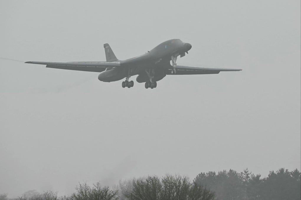 A US Air Force bomber comes in to land at RAF Fairford in south west England on Saturday. Photo: AFP