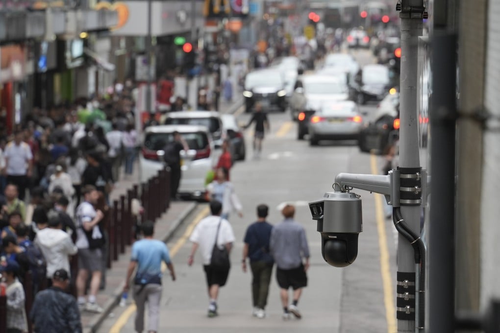 A CCTV camera in Mong Kok on April 13, 2025. In the first phase of the SmartView programme, completed in 2025, the police installed 5,000 cameras and integrated another 6,000 from other departments and organisations. Photo: Eugene Lee