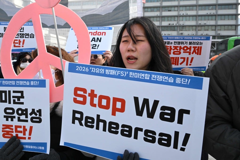 Protesters rally against Freedom Shield 2026 in front of the US embassy in Seoul. Photo: AFP