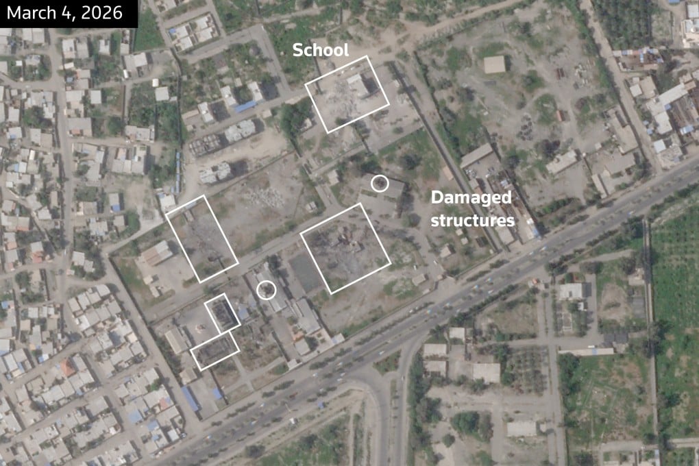 A satellite image shows the Shajareh Tayyebeh Elementary School and other structures damaged after being struck. Photo: Planet Labs PBC via Reuters