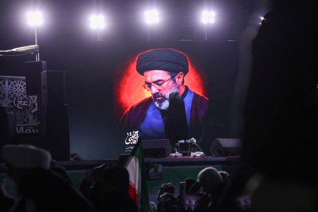 A picture of Iran’s new Supreme leader Mojtaba Khamenei displayed on a screen in Tehran. Photo: West Asia News Agency via Reuters