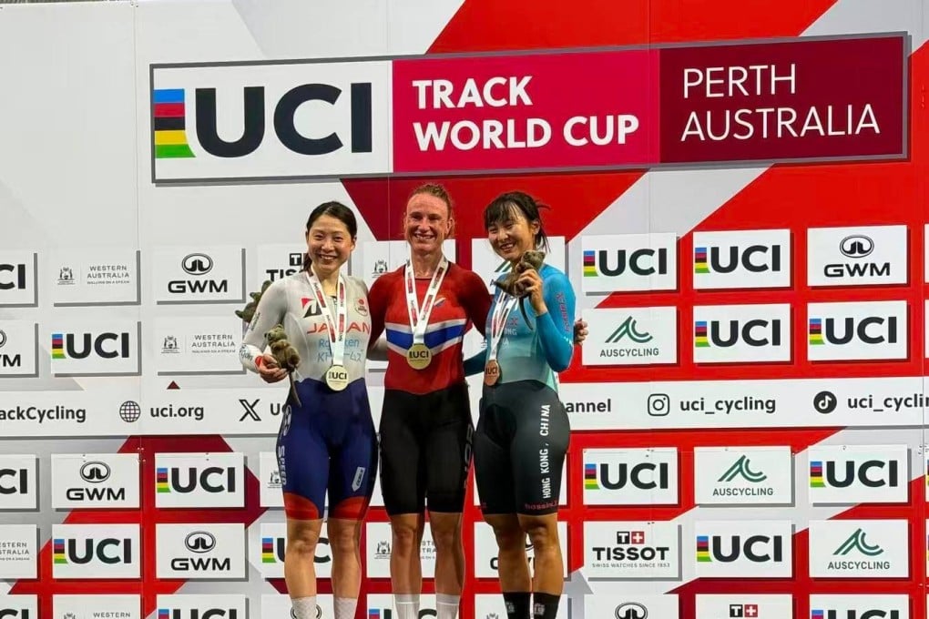 Ceci Lee celebrates her bronze medal with omnium winner Anita Stenberg (centre) and runner-up Tsuyaka Uchino (left). Photo: CAHKC