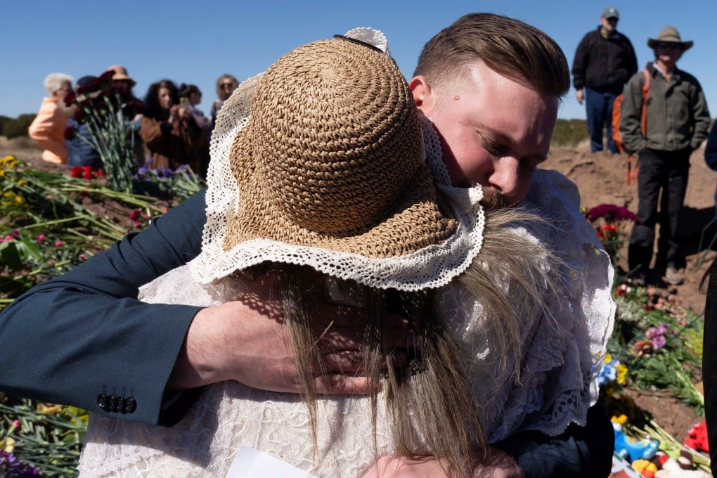 Sky Roberts, brother of the late Virginia Roberts Giuffre - one of the most prominent accusers of Jeffrey Epstein - hugs a supporter outside a ranch formerly owned by the billionaire, on Sunday. Photo: Reuters