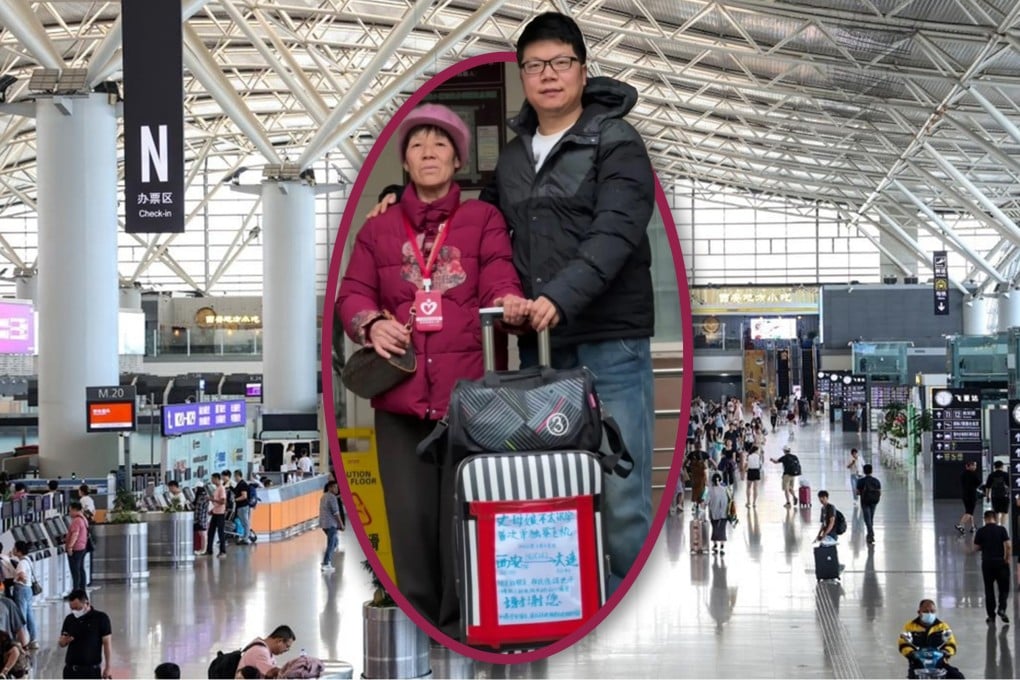 A Chinese man helped his illiterate mother-in-law, who does not speak Mandarin, by posting a note on her suitcase before her solo trip, moving millions online. Photo: SCMP composite/RedNote/caacnews.com.cn