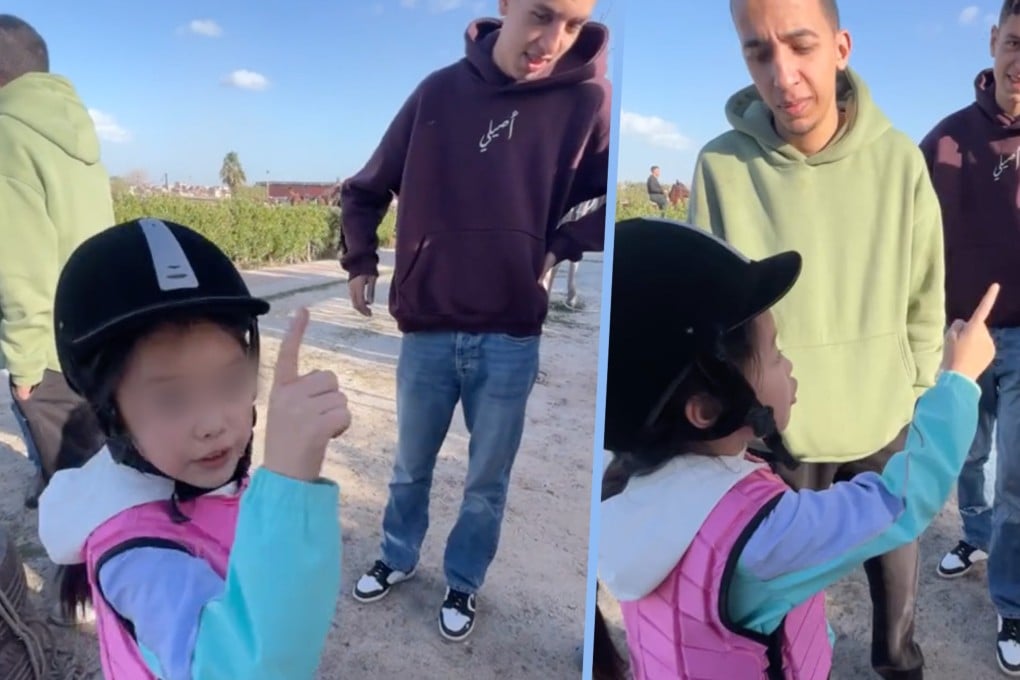 A nine-year-old Chinese girl has gone viral for confronting riding instructors in Egypt about dangerous horses assigned to her friends, warning them of financial consequences. Photo: SCMP composite/Douyin