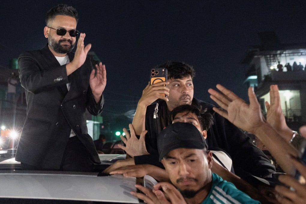 Balendra Shah greets supporters in Damak, Jhapa district, on March 7 after winning the election. Photo: Reuters