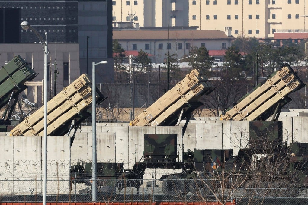 Patriot missile launchers are seen deployed at a US military base in Pyeongtaek, South Korea, on Sunday. Photo: Yonhap/AFP