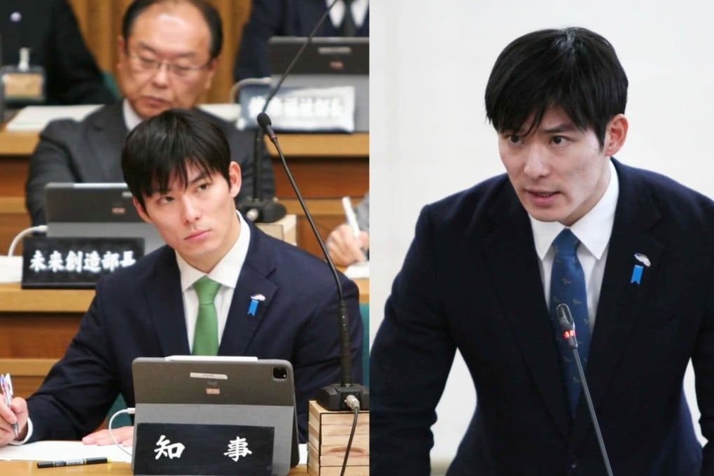 Left: Takato Ishida, the 36-year-old governor of Fukui, attends a session of the prefectural assembly. Right: Ishida attending the Special Committee on Anti-Harassment on Monday. Photos: Instagram / ishida.takato