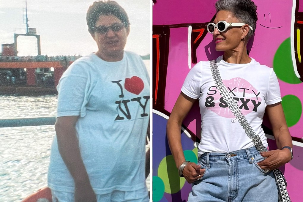 Shyy Sachdev in New York (left) when she weighed 100kg in 2009; and in London (right) weighing 60kg in November 2025. A mid-life health pronouncement that she might have only five years to live was the motivation this single mum of two needed to switch up her life. Photo: Shyy Sachdev