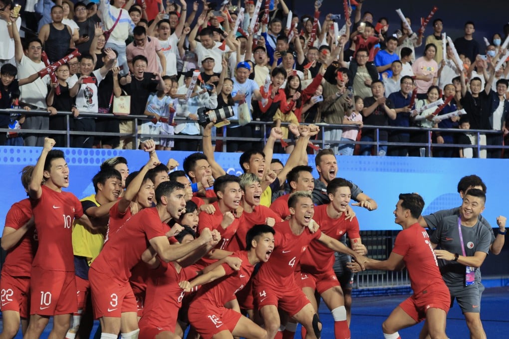 Hong Kong players celebrate their shock Asian Games quarter-final win over Iran in 2023. Photo: Dickson Lee