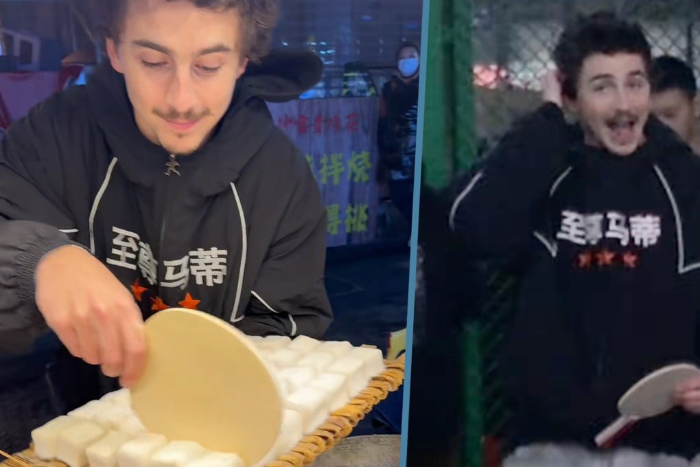 Hollywood star Timothée Chalamet recently charmed Chinese fans in Chengdu by engaging with local culture, selling moldy tofu, playing ping pong and even taking part in square dancing. Photo: SCMP composite/RedNote