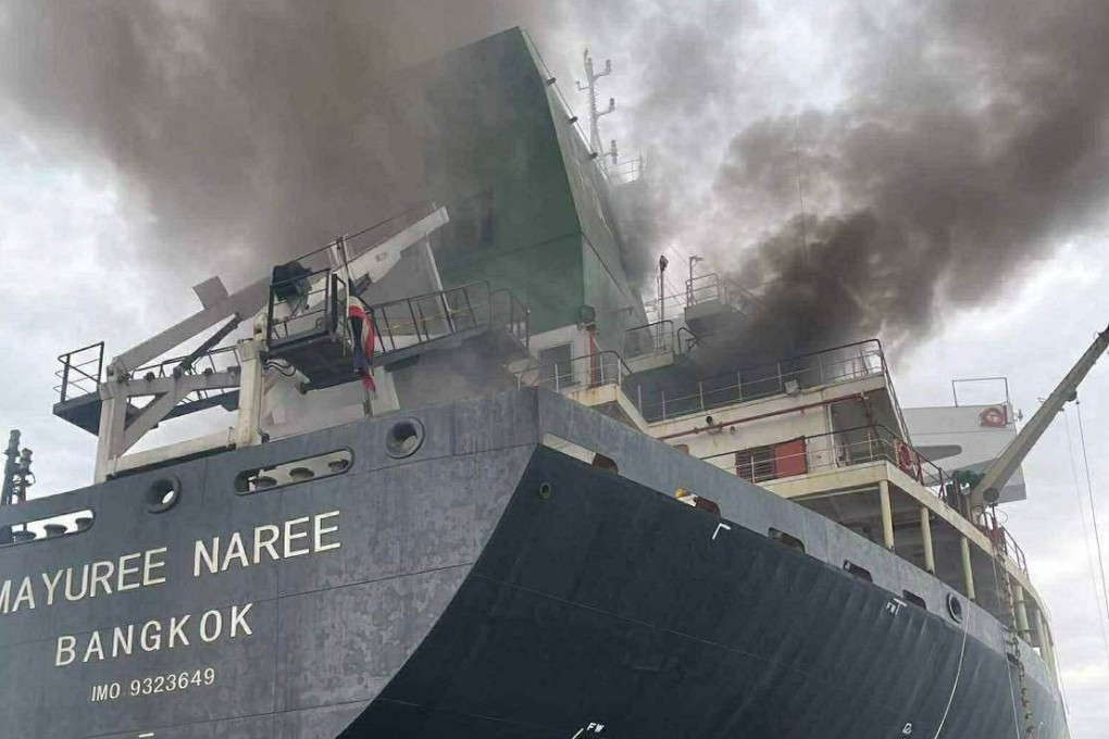 The Thai cargo ship Mayuree Naree was struck and set ablaze in the Strait of Hormuz  on Wednesday. Photo: Royal Thai Navy via AP