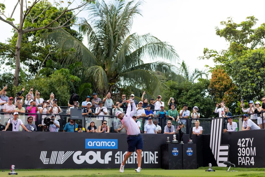 Legion XIII team captain Jon Rahm hits his shot from the first tee during the first round of the Aramco LIV Golf Singapore at Sentosa Golf Club on Thursday. Photo: LIV Golf