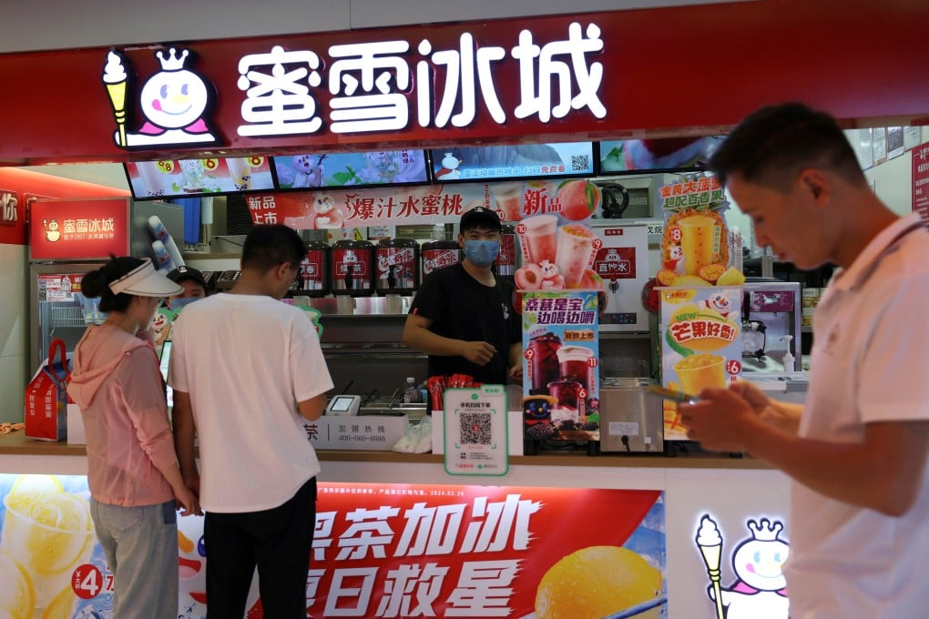 Customers at a Mixue bubble tea store in a Beijing shopping centre in September 2024. Photo: Reuters