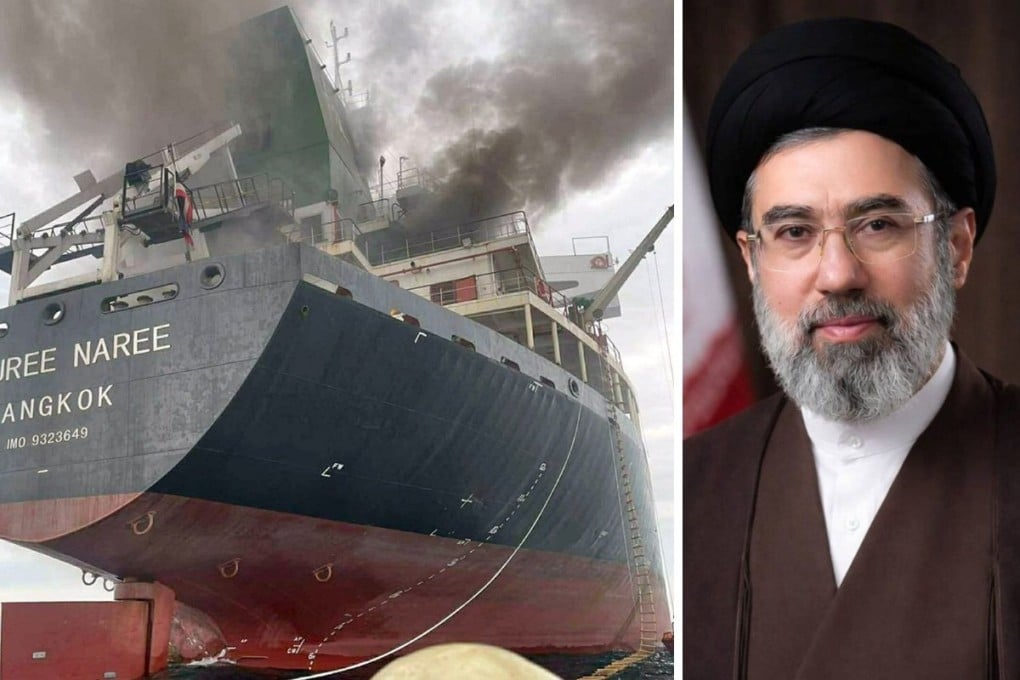 Left: the Thai‑flagged cargo ship Mayuree Naree burns after being hit by Iranian missiles in the Strait of Hormuz on Wednesday. Right: Iran’s new Supreme Leader Mojtaba Khamenei. Photos: EPA/Royal Thai Navy, Iran Military Monitor via X