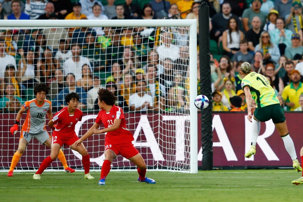 Australia’s Alanna Kennedy (right) scores her team’s first goal from the edge of the box in their Women’s Asian Cup quarter-final win over North Korea in Perth on Friday. Photo: AP