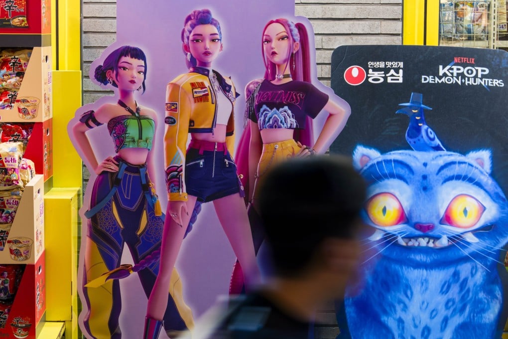 Promotional material for instant noodles and snacks themed after the Netflix movie KPop Demon Hunters is displayed outside a shop in the tourist district of Myeongdong in Seoul. The South Korean capital has benefitted from a tourism wave linked to the movie’s popularity. Photo: The Washington Post via Getty Images