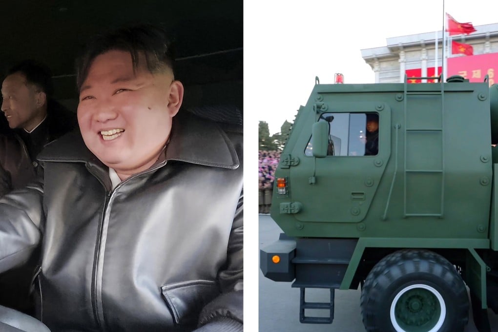 North Korean leader Kim Jong-un drives a launcher vehicle during a presentation ceremony for 600mm-calibre rocket launchers on February 18. Photo: KCNA/EPA