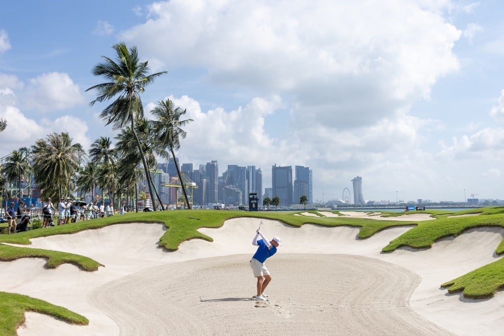 Bryson DeChambeau, seen here at the fifth hole of the Sentosa Golf Club’s Serapong course, holds the lead at the LIV Golf Singapore tournament after two rounds. Photo: AP
