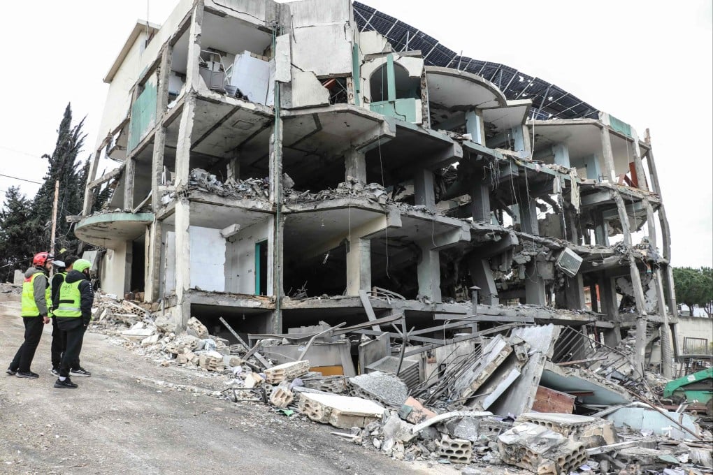 A destroyed healthcare centre building in the aftermath of an Israeli strike in the southern Lebanese town of Burj Qalawiya on Saturday. Photo: AFP