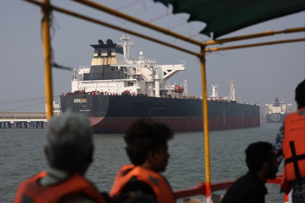 The Liberia‑flagged tanker Shenlong, carrying crude oil from Saudi Arabia to India via the Strait of Hormuz, arrives at Mumbai on Thursday. Photo: EPA