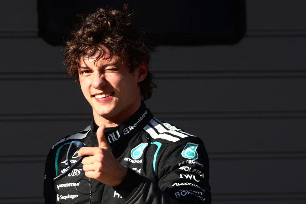 Mercedes’ Kimi Antonelli celebrates after qualifying in pole position for Sunday’s Chinese Grand Prix at the Shanghai International Circuit. Photo: Reuters