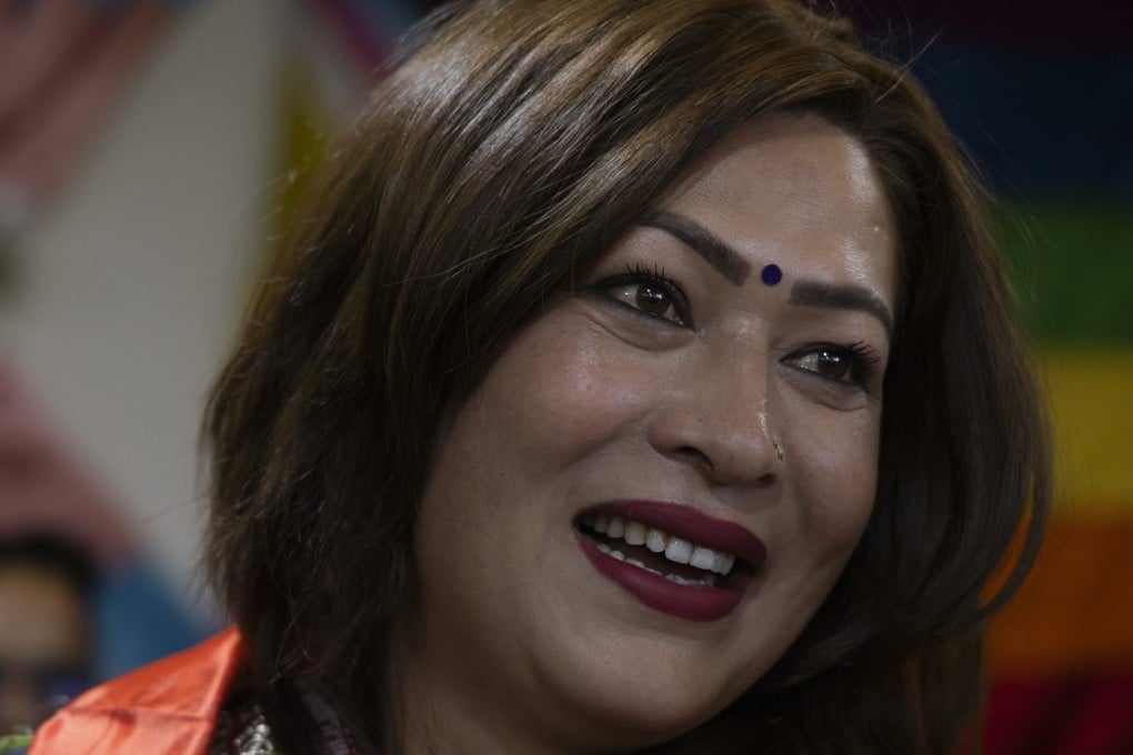 Bhumika Shrestha, Nepal’s first transgender woman to become a member of parliament, is congratulated by members of the LGBTQ community in Kathmandu on Monday. Photo: EPA