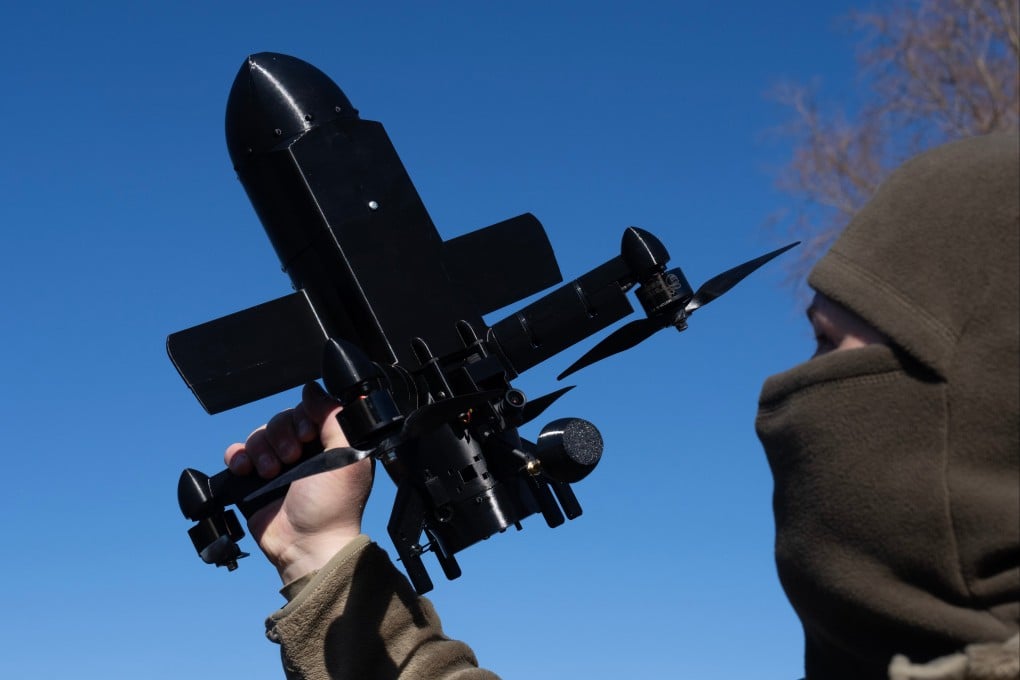 An instructor from the Ukrainian company General Cherry demonstrates the operation of an anti-air interceptor drone designed to destroy Russian attack drones, in Kyiv on Wednesday. Photo: AP