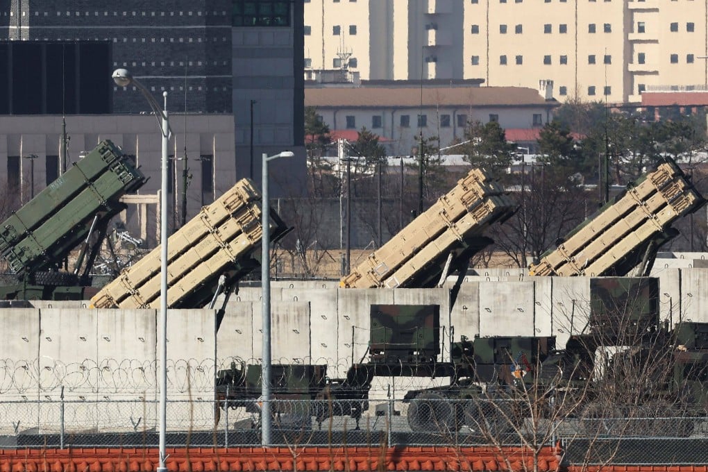 Patriot missile launchers are seen deployed at a US military base in Pyeongtaek, South Korea, on Sunday. Photo: Yonhap/AFP