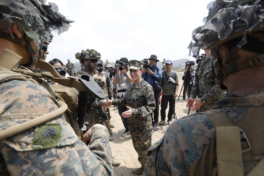US marines listen to the commander of US Marine Forces Korea, Major General Valerie A. Jackson (centre), after an amphibious assault exercise at the Cobra Gold 2026 joint drills in Thailand last month. Photo: EPA