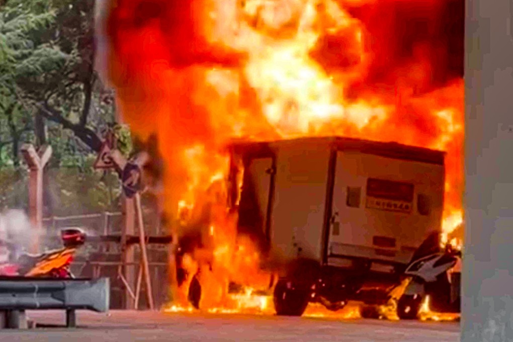 The truck is engulfed by a fierce fire in Kwai Chung. Photo: Handout