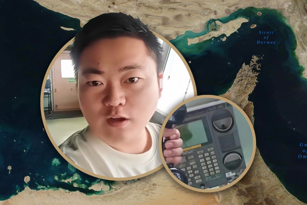 A Chinese sailor near the banks of the Strait of Hormuz has created a temporary “home letter radio station” as many ships remain stranded and unable to contact families in China due to poor telecom signals. Photo: SCMP composite/Shutterstock/Douyin