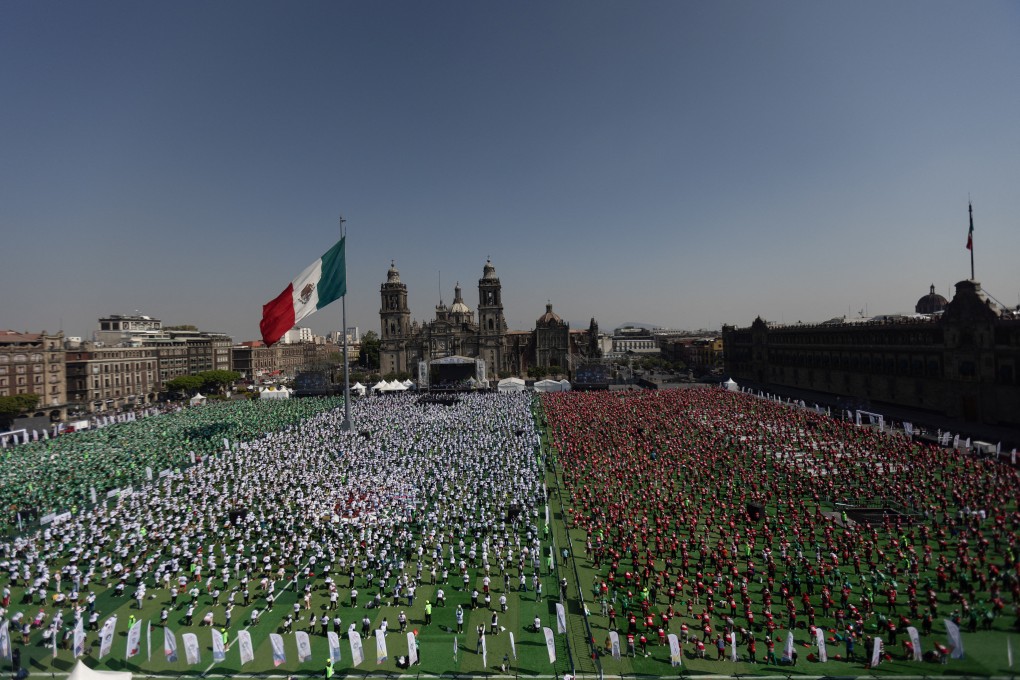 Mexico attempts to set a new Guinness World Record for the world’s largest football lesson as part of efforts to promote the country ahead of the 2026 Fifa World Cup. Photo: Reuters