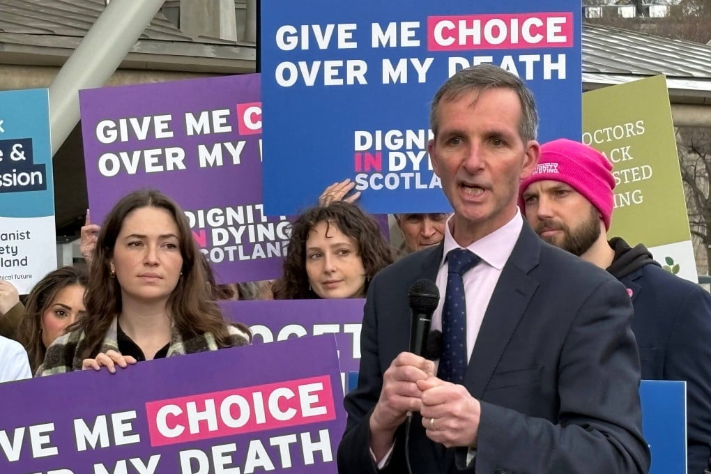 Liberal Democrat lawmaker Liam McArthur joins a rally of supporters ahead of MSPs debating his Assisted Dying for Terminally Ill Adults (Scotland) Bill, in the Scottish Parliament in Edinburgh, Scotland on Tuesday. Photo: PA via AP